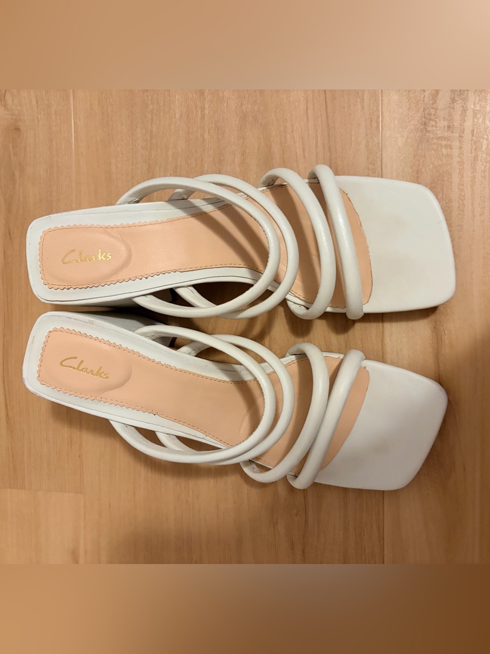 Clarks Sheer65 White Strappy Square-Toe Heeled Sandals